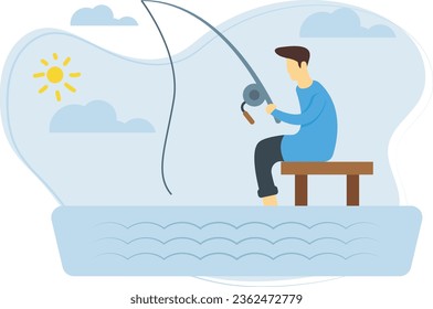 The boy sitting on a bench wiith a fishing rod.