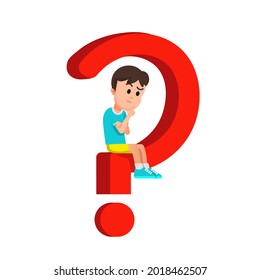 a boy sitting on a big question mark and looking for a solution