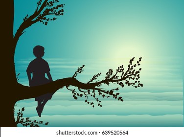 Boy Sitting On Big Tree Branch, Silhouette, Secret Place, Childhood Memory, Dream, Vector. 