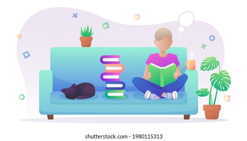 Boy sitting on blue sofa and reading a book. Interior with plants in pots and cup of coffee or tea and black cat. Vector illustration isolated on white background.