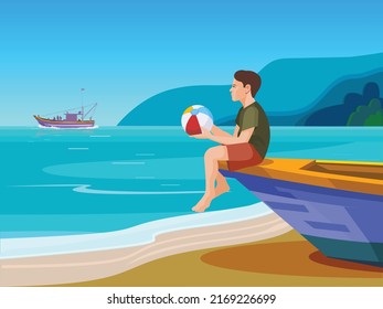 Boy Sitting on A Boat, hand holding Ball, Beach and boating