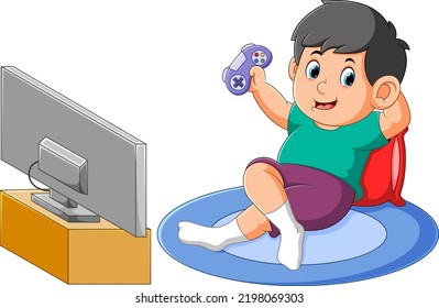 The boy is sitting on the carpet and playing the game with joystick controlling of illustration