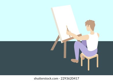 Boy sitting on a chair with brush in hand. Young boy in front of empty canvas.