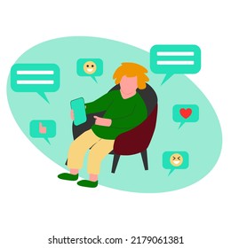 Boy sitting on chair and chatting on smartphone, sms and emoji around, vector illustration