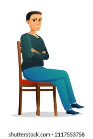 Niño sentado en la silla. Chico con suéter y pantalones. Personalidad alegre. Caricatura graciosa ilustración de estilo. Figura masculina. En ropa de hombre. Aislado sobre fondo blanco. Vector.