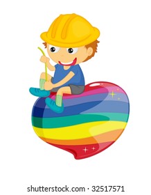 Boy sitting on colourful splodge with string