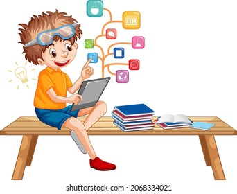 Boy sitting on couch learning from tablet illustration