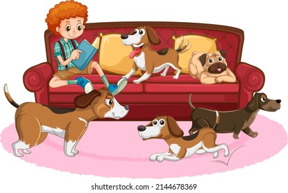 A boy sitting on couch with many beagle dogs illustration
