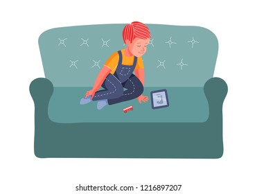 The boy is sitting on the couch with a tablet. Dependence on the Internet and cartoons. Vector illustration. Flat style.