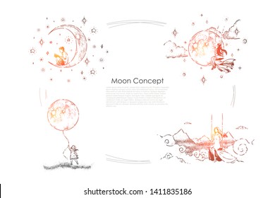 Boy Sitting On Crescent With Book, Young Women On Swings, Little Girl Holding Huge Moon Balloon, Imagination Banner. Surreal Dream, Fantasy Concept Sketch. Hand Drawn Vector Illustration