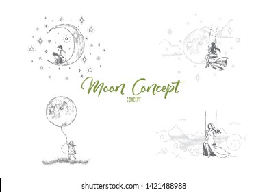 Boy sitting crescent and book  young women swings  little girl holding huge moon balloon  imagination banner  Surreal dream  fantasy concept sketch  Hand drawn vector illustration