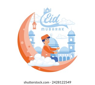 Niño sentado en una luna creciente. Bienvenido, Eid al Fitr, con un corazón feliz. Concepto feliz de Eid Mubarak. ilustración moderna de vector plano 