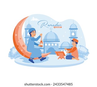 The boy is sitting on a crescent moon and carrying a lantern. A boy sits on the floor and reads the Quran. Ramadan Kareem and Ramadan Mubarak greeting design concept. flat vector modern illustration