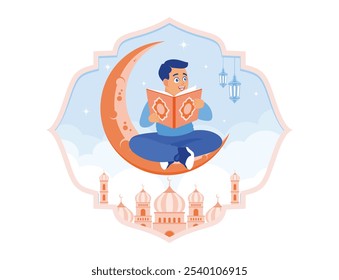 Muchacho sentado en la luna creciente. Aprende a leer el Corán. Concepto de Ramadán Kareem. Ilustración vectorial plana.