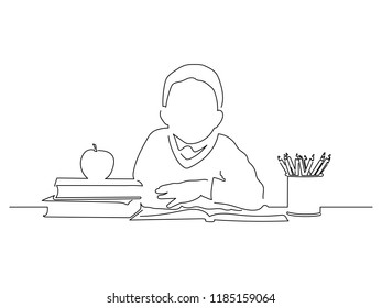 Boy sitting on a desk isolated line drawing, vector illustration design. Education collection.
