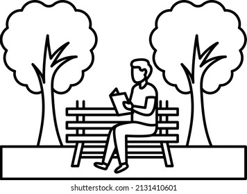 Boy sitting on desk in Park Vector Icon Design, Free time activities Symbol, Extracurricular activity Sign, hobbies interests Stock Illustration, man reading book under shade tree Concept