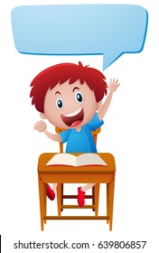 Boy sitting on desk and speech bubble design illustration