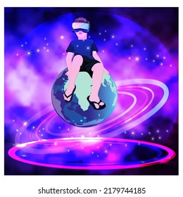 boy sitting on the earth and wearing goggle glass in futuristic virtual space experience. 
