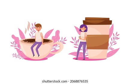 Niño sentado al borde de una taza de café. Niña se inclinó contra el tapete de papel. Dibujo vectorial del concepto de amantes del café