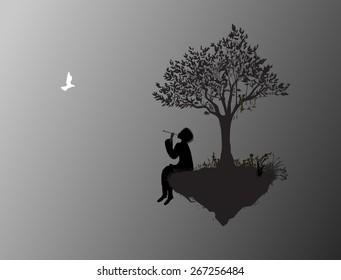Boy sitting on the edge of flaying rock and playing on reedpipe an pigeon fly to him, life on flying rock, shadows, on a fairy land