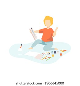 Boy Sitting on Floor and Drawing, Kids Creativity, Education, Development Vector Illustration