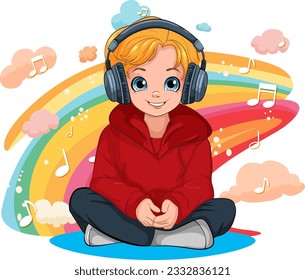 Boy sitting on the floor listening to music with headset illustration