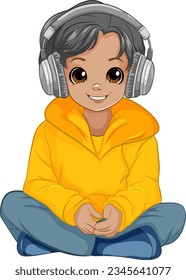 Boy sitting on the floor listening to music with headset illustration