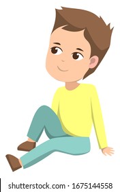 Boy sitting on floor and looking up. Kid with brown hair and dark eyes. Child sit in yellow sweater and light blue pants. Person isolated on white background. Vector illustration in flat style