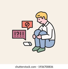 The boy is sitting on the floor and mourning. A victim student being bullied. flat design style minimal vector illustration.