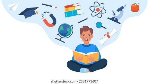Boy sitting on the floor with opened book. School icons around. Microscope, atom, books, magnet, globe, basketball. Education concept. Knowledge, creativity, discoveries Back to school Vector