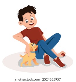 boy sitting on the floor playing with an adorable puppy, pet. vector illustration.