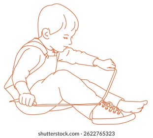 Menino sentado no chão, calçando sapatos.