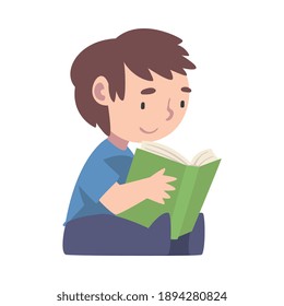 Boy Sitting On Floor and Reading, Cute Kid Enjoying of Literature, Elementary School Student Character Cartoon Style Vector Illustration