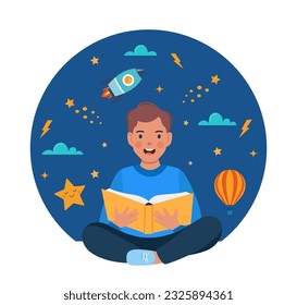 Boy sitting on the floor and reading book. Planet, rocket, star, cloud, aerostat. Education concept for kids. Knowledge, creativity, discoveries. Educational banner. Back to school Vector