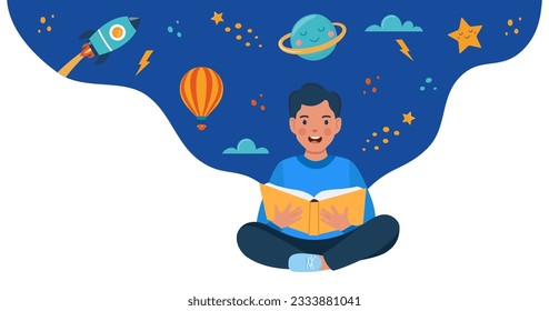 Boy sitting on the floor and reading book. Planet, rocket, star, cloud, aerostat. Education concept for kids. Knowledge, creativity, discoveries. Educational banner. Back to school Vector