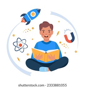 Boy sitting on the floor and reading book. Rocket, atom, magnet around. Education concept for kids. Knowledge, creativity, discoveries. Educational banner. Back to school. Vector