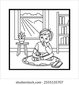 a boy sitting on the floor reading a book