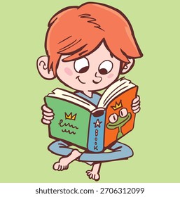 El niño está sentado en el suelo y leyendo un libro