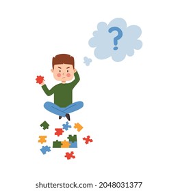 Boy is sitting on floor scratching his head and solving puzzle of colored parts. Vector flat cartoon illustration of child's character isolated on white background. Concept of character.