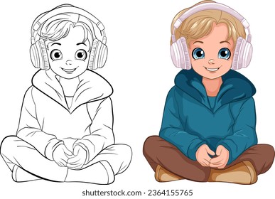 Boy sitting on the floor wearing headset illustration