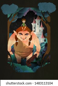 Boy sitting on gaints head in front of forest and castle. Fairytale vector illustration