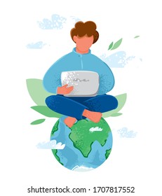 El chico está sentado en el globo con una laptop contra el fondo de nubes, hojas. Concepto de trabajo a distancia, freelance. Cartel sobre el negocio consciente, la preocupación por el medio ambiente. Ilustración del vector