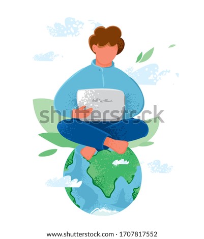 Boy is sitting on the globe with a laptop against the background of clouds, leaves. Concept of remote work, freelance. Banner about conscious business, concern for the environment. Vector illustration