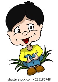 Boy Sitting On Grass - Cartoon Illustration, Vector