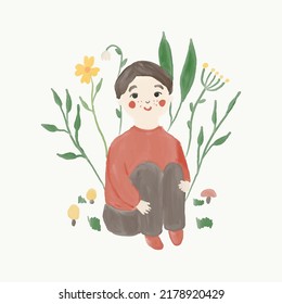 El niño está sentado sobre la hierba en el bosque. Ilustración vectorial de acuarela.