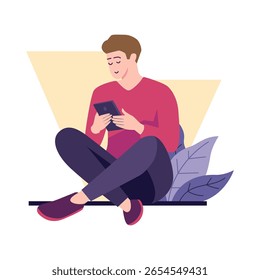 Boy Sitting on the Ground Scrolling Through Social Media