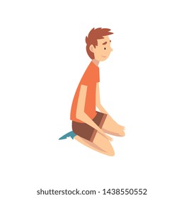 Boy Sitting on His Knees, Happy Child on Summer Vacation Vector Illustration