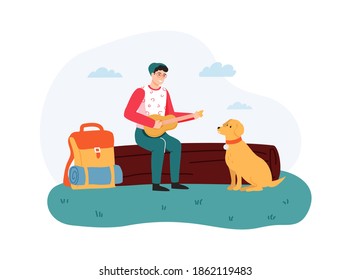 Boy sitting on log and playing guitar, dog sitting near hiker. Guy having summer trip, leisure activity outside on nature. Man with backpack traveling with pet cartoon vector illustration