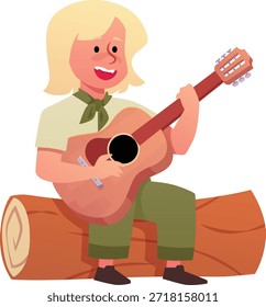 Boy sitting on a log and playing the acoustic guitar. Vector flat illustration. Cartoon summer kids camp scout with music instrument classic wooden guitar isolated on white background.