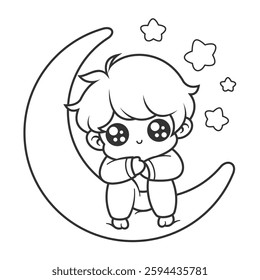 Boy sitting on the moon, for coloring